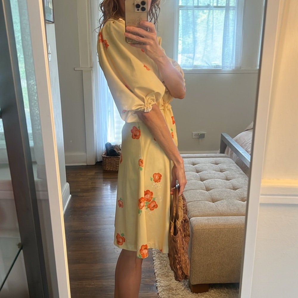 Vtg 60s 70s Mod Yellow Floral Dress Dagger Collar Puff Sleeve - Picture 3 of 10